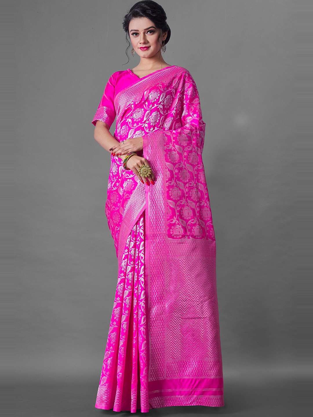 

Fashion Booms Floral Woven Design Zari Pure Silk Banarasi Saree, Pink