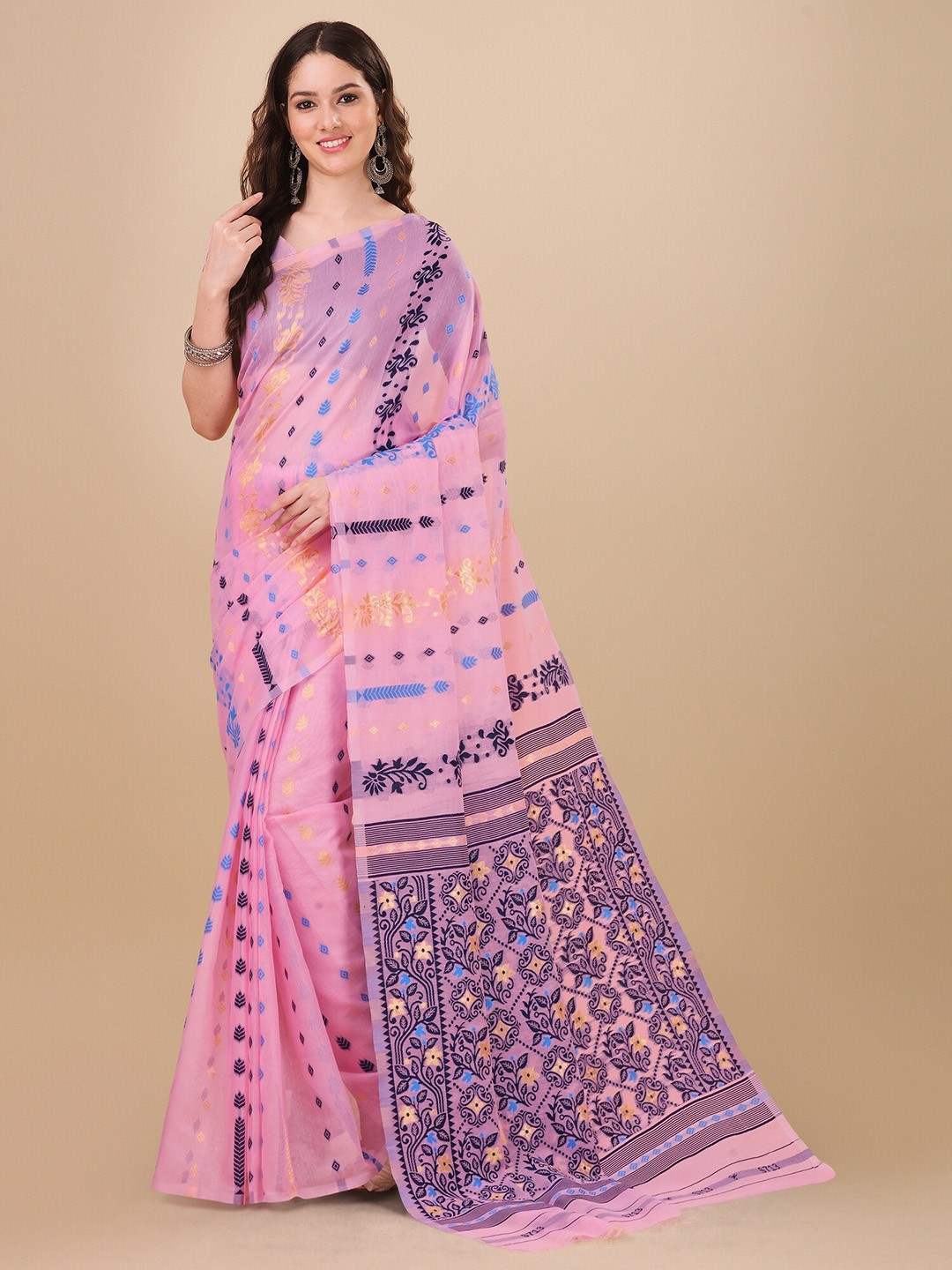 

Fashion Booms Ethnic Woven Design Pure Cotton Jamdani Saree, Pink