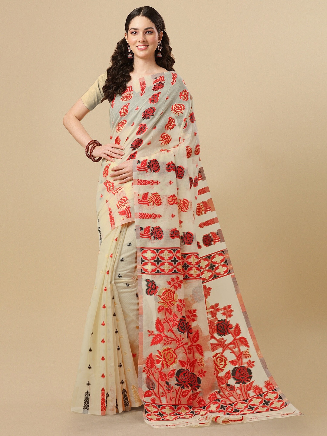 

Fashion Booms Floral Zari Pure Cotton Jamdani Saree, Off white