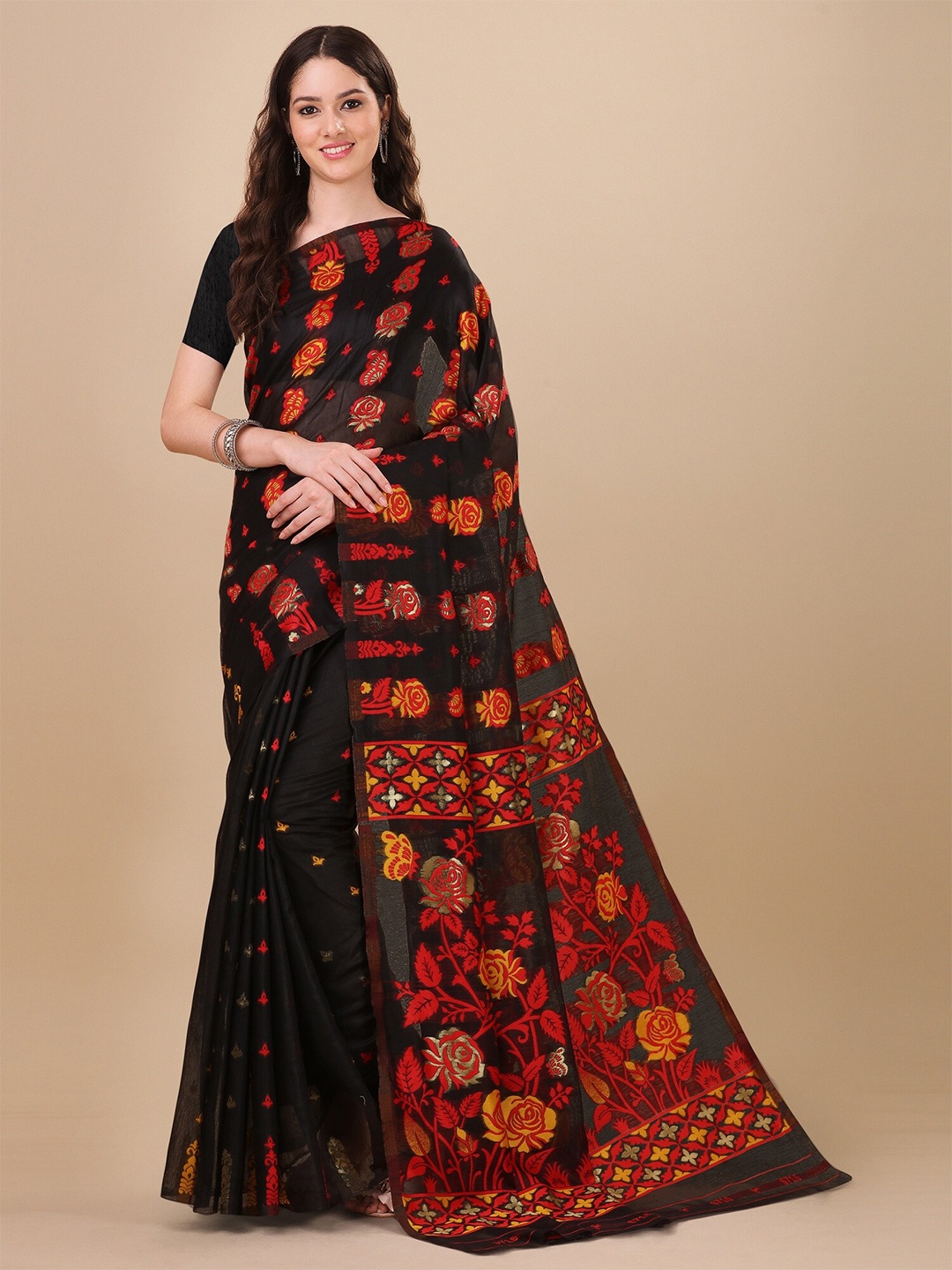 

Fashion Booms Floral Woven Design Zari Pure Cotton Jamdani Saree, Black