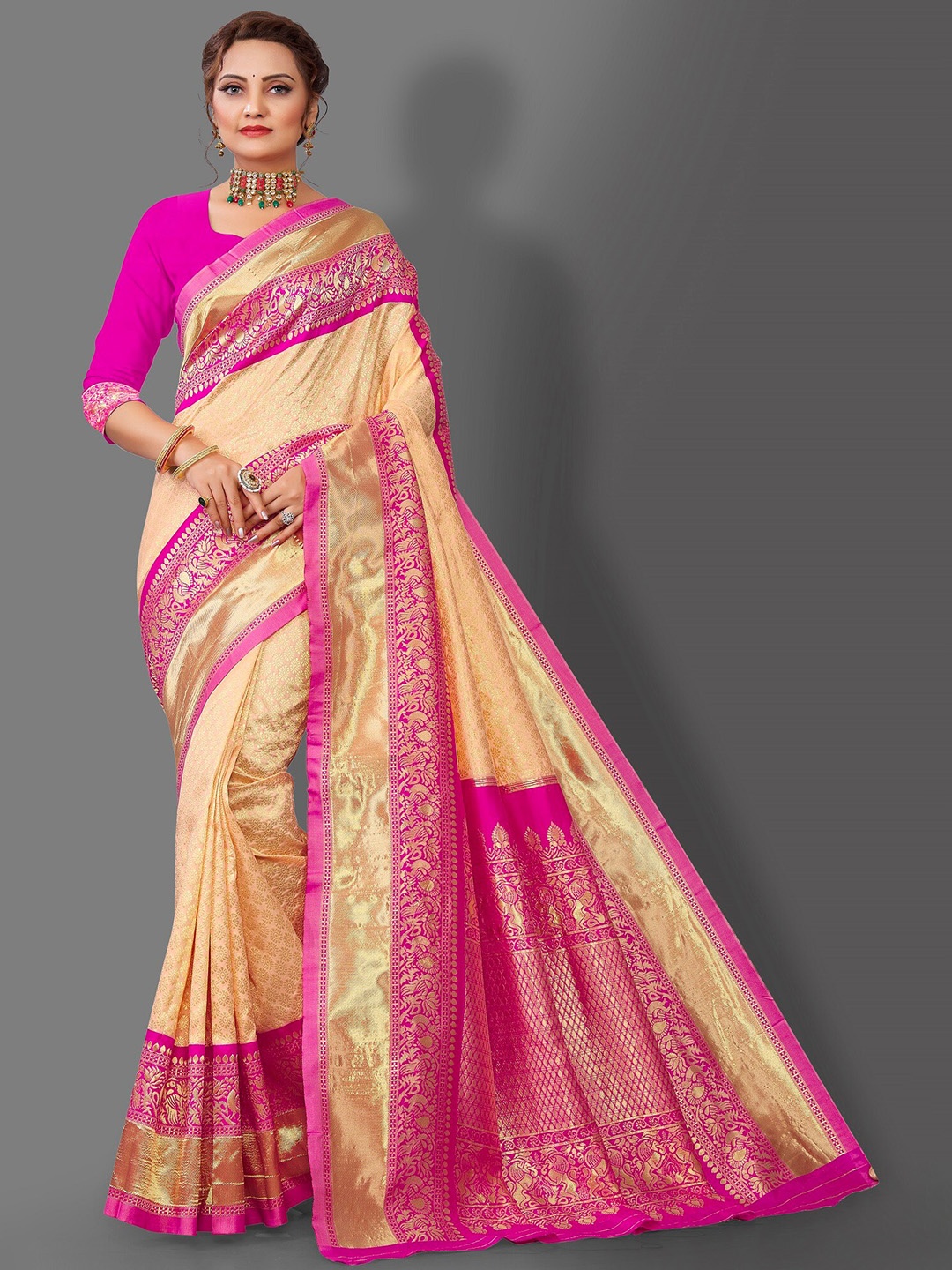 

Fashion Booms Floral Woven Design Zari Pure Silk Banarasi Saree, Pink