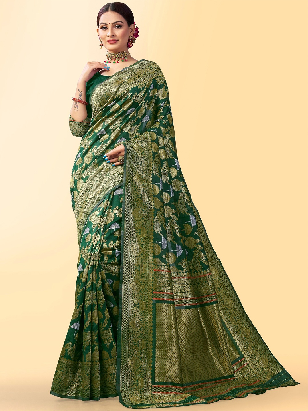 

Fashion Booms Ethnic Motifs Woven Design Zari Pure Silk Banarasi Saree, Green