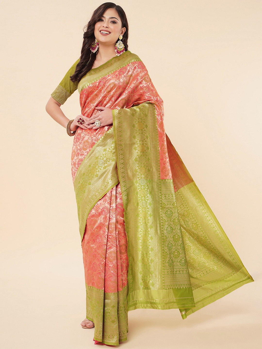 

Fashion Booms Ethnic Motif Zari Pure Silk Banarasi Saree With Blouse Piece, Peach