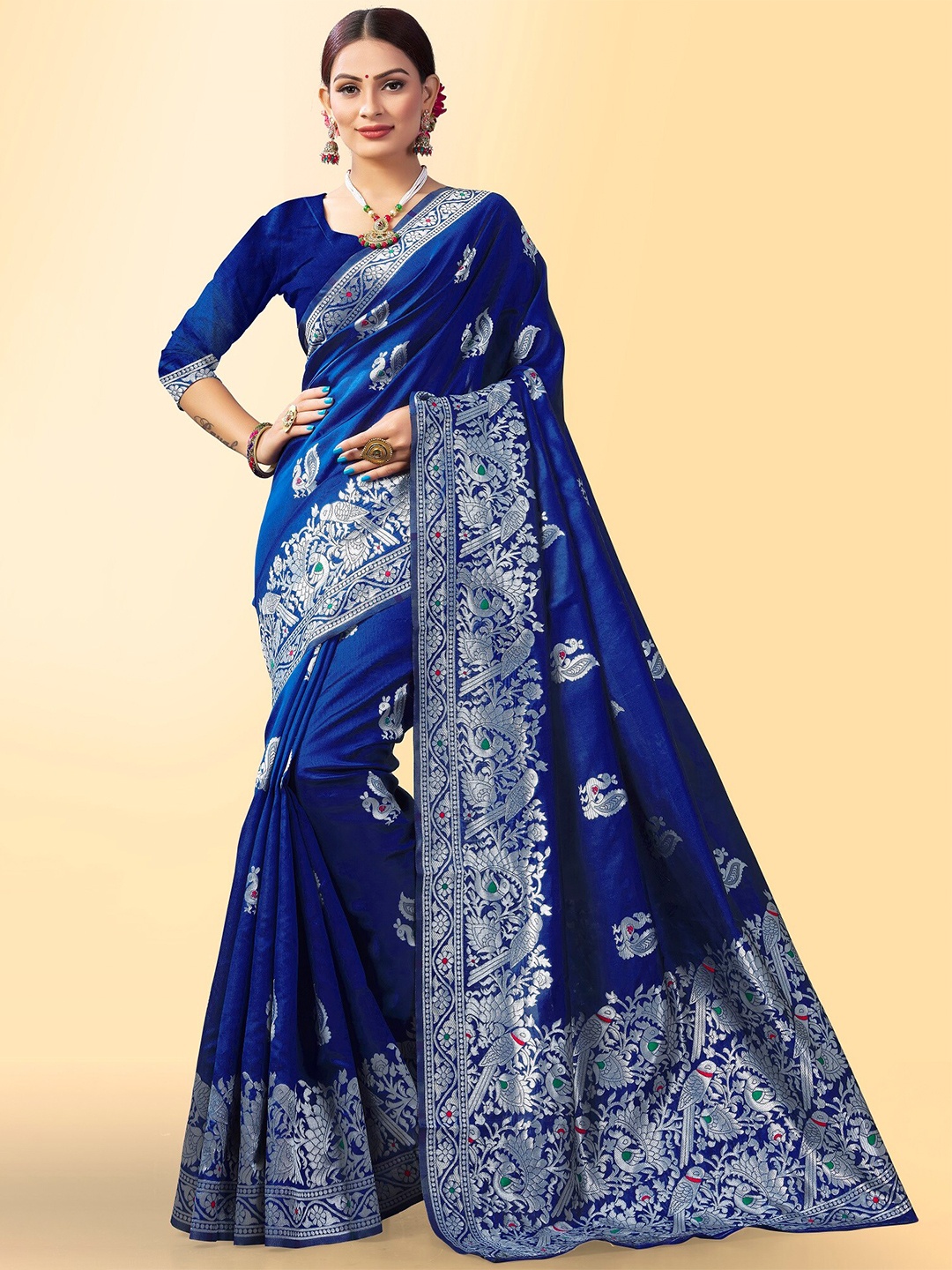 

Fashion Booms Ethnic Motif Woven Design Zari Pure Silk Banarasi Saree, Blue