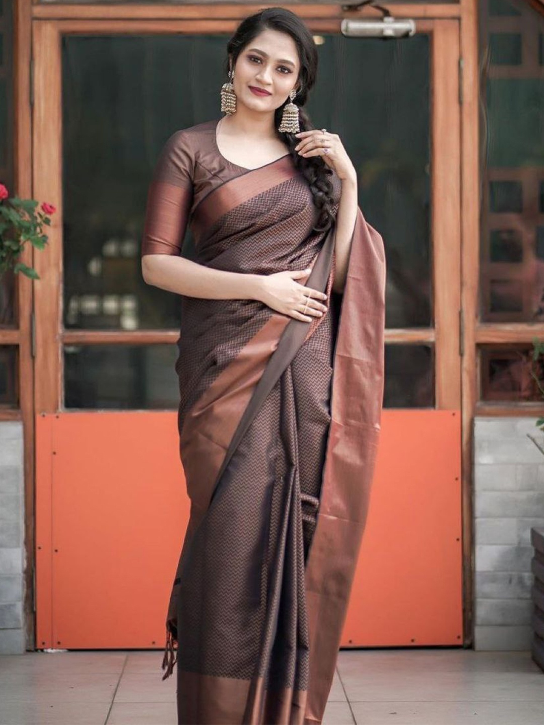 

Fashion Booms Woven Design Zari Pure Silk Banarasi Saree, Brown