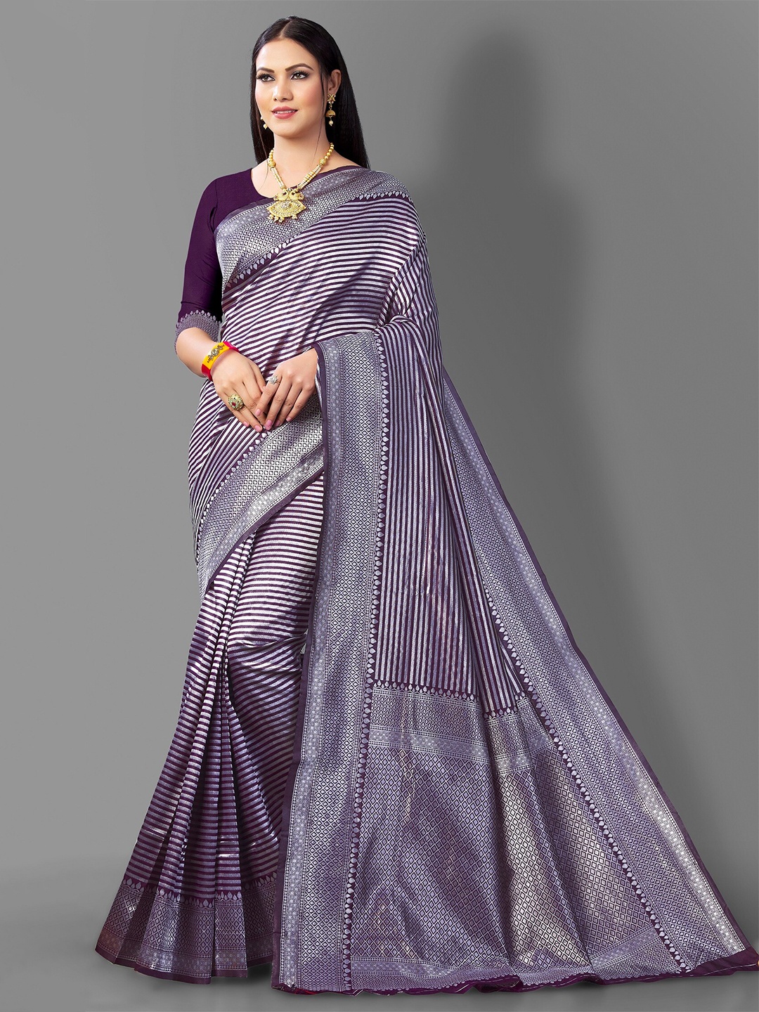 

Fashion Booms Ethnic Motifs Woven Design Zari Pure Silk Banarasi Saree, Purple