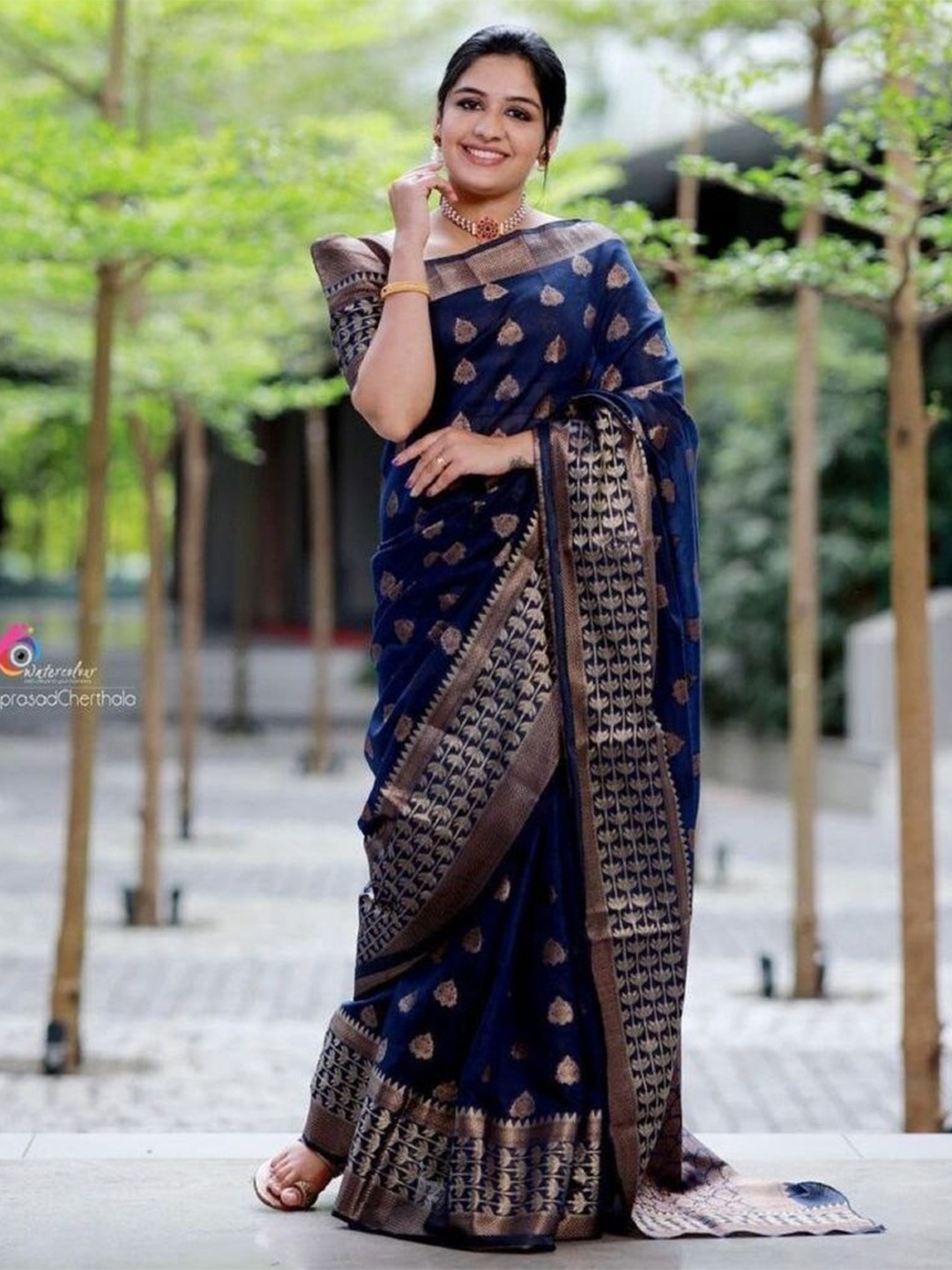

Fashion Booms Ethnic Motif Zari Pure Silk Banarasi Saree With Blouse Piece, Navy blue