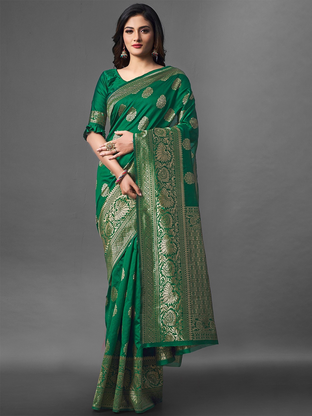 

Fashion Booms Floral Woven Design Zari Pure Silk Banarasi Saree, Green