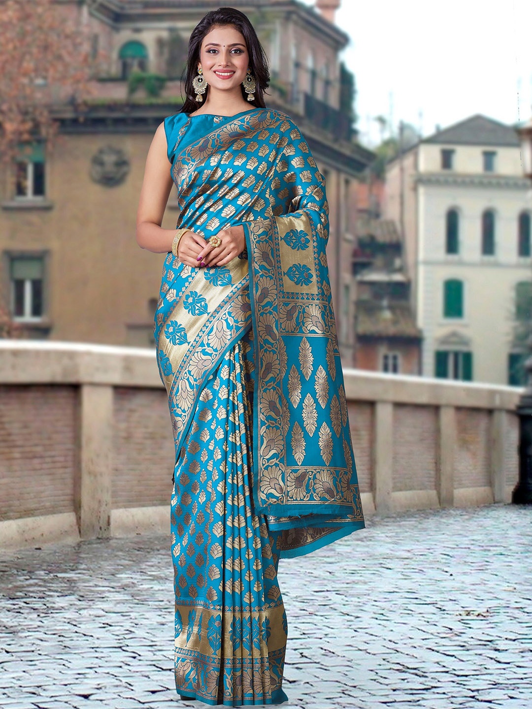 

Fashion Booms Floral Woven Design Zari Pure Silk Banarasi Saree, Blue