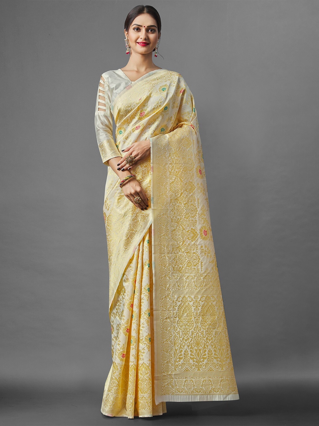 

Fashion Booms Floral Woven Design Zari Pure Silk Banarasi Saree, Yellow