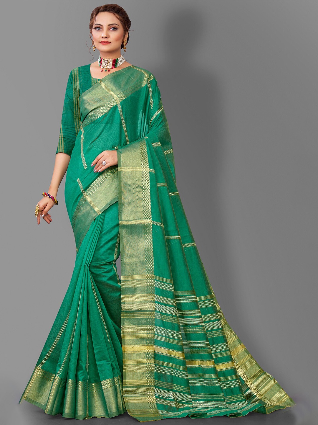 

Fashion Booms Striped Woven Design Zari Pure Silk Banarasi Saree, Green