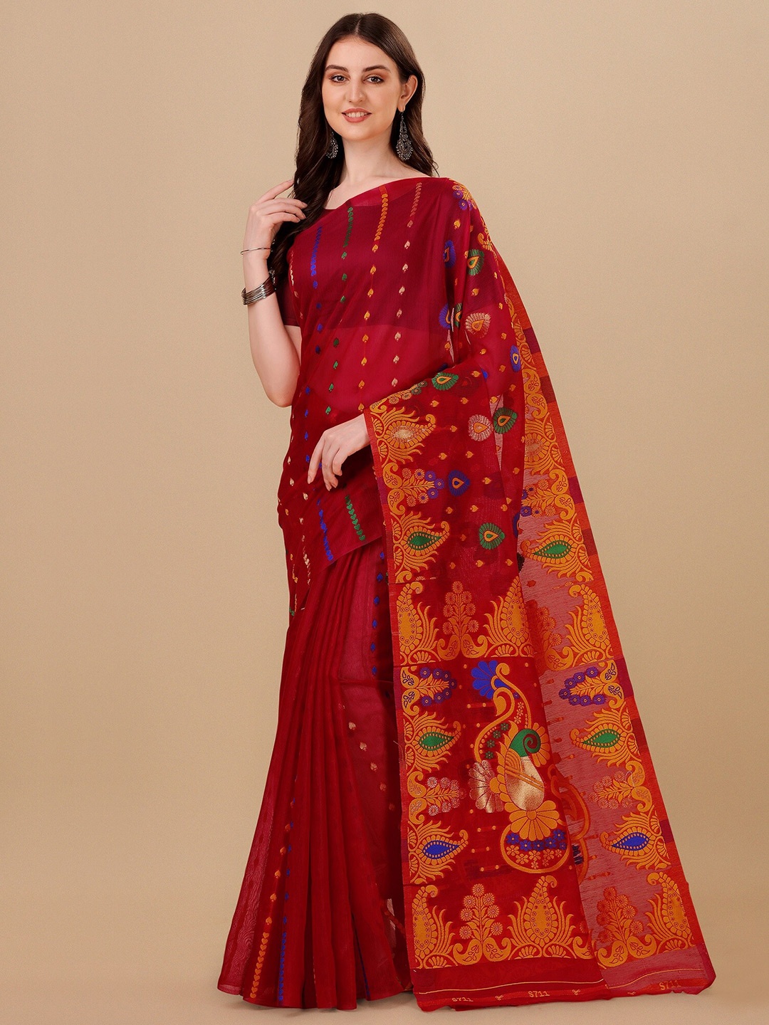

Fashion Booms Ethnic Motif Woven Design Pure Cotton Jamdani Saree, Red