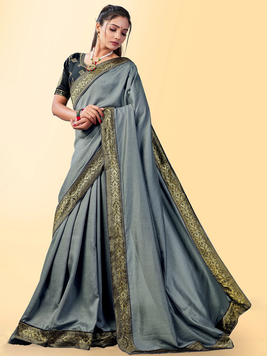 

Fashion Booms Embellished Pure Silk Banarasi Saree, Grey