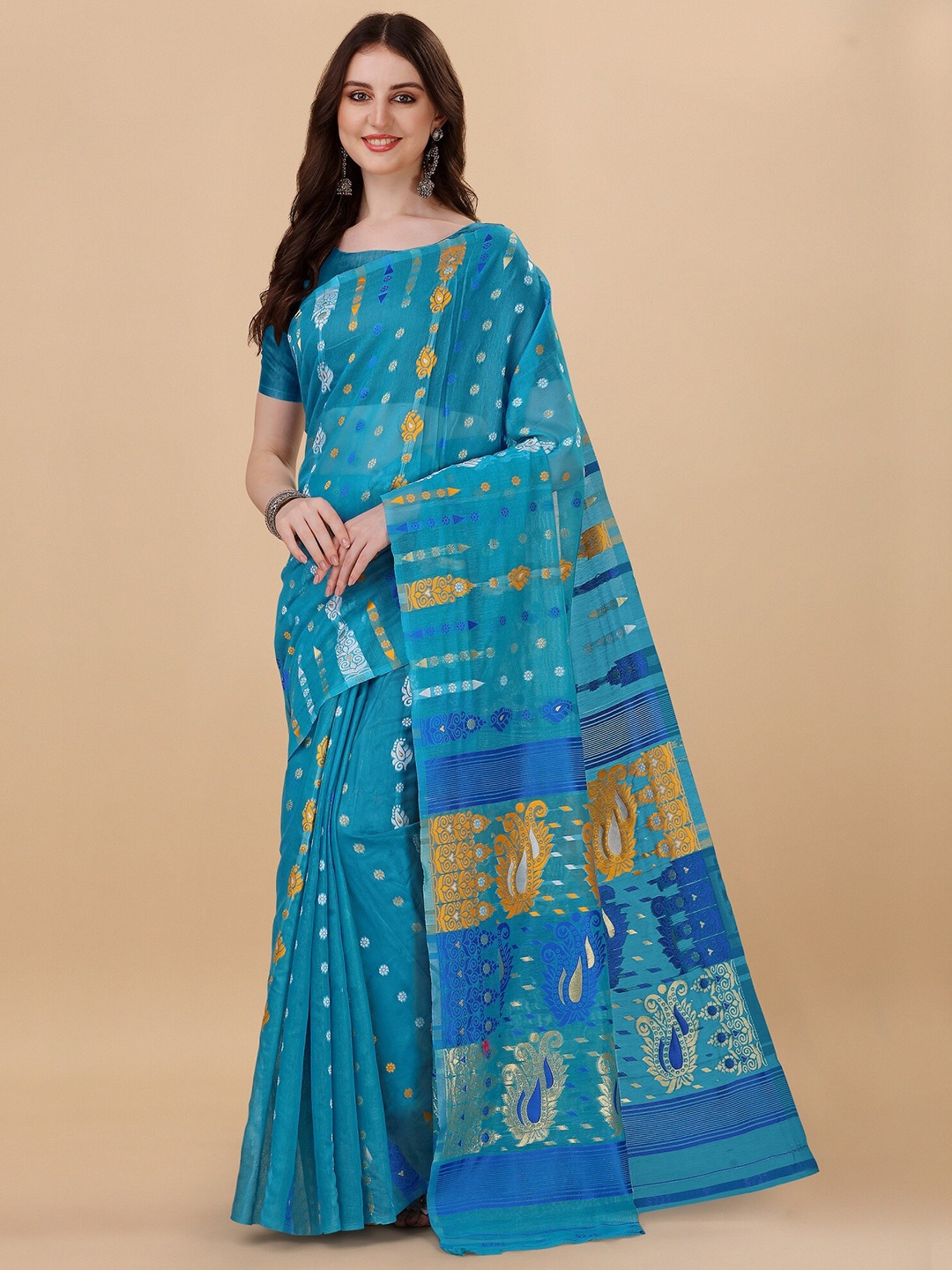 

Fashion Booms Woven Design Pure Cotton Jamdani Saree, Blue