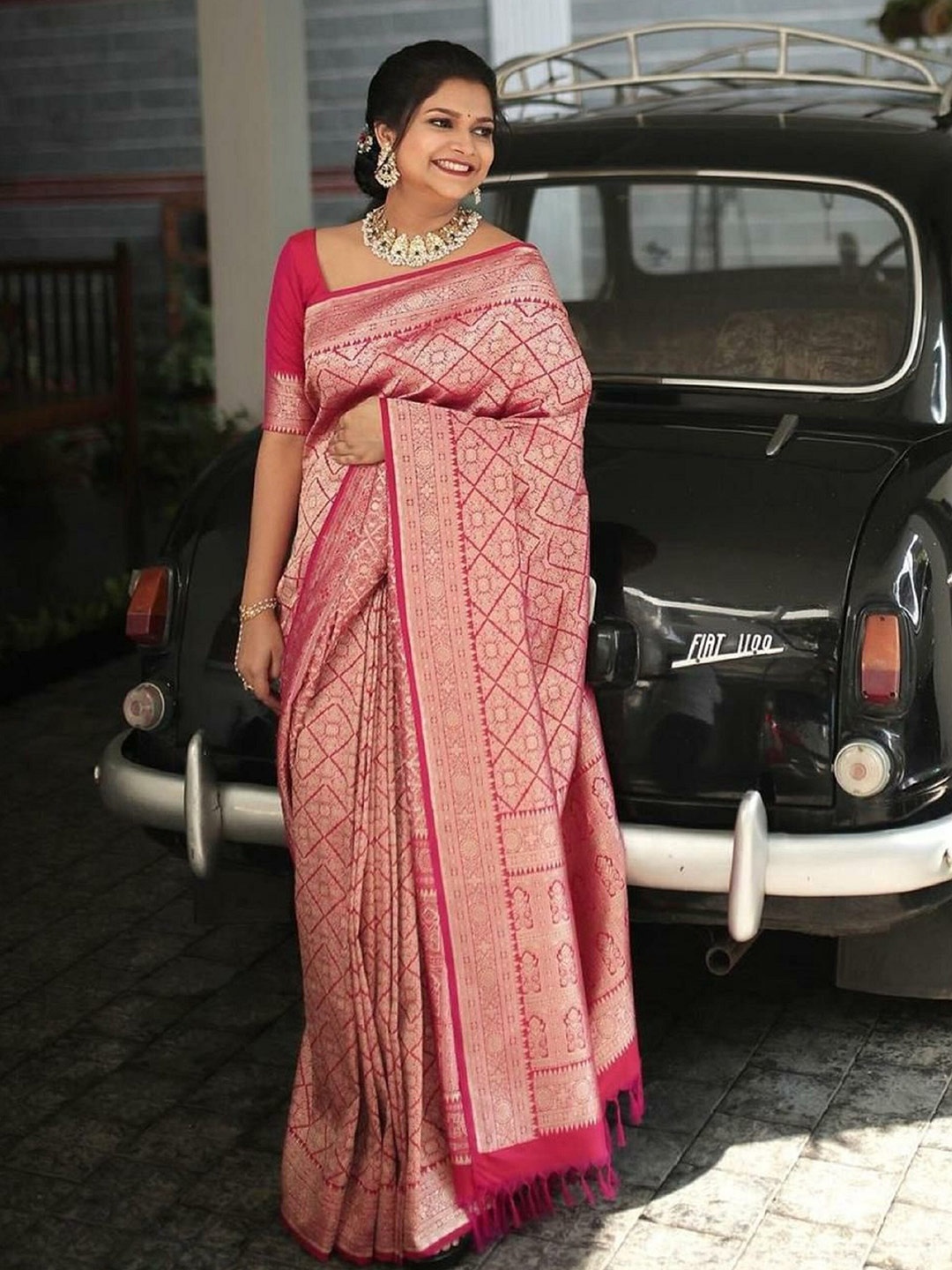 

Fashion Booms Ethnic Motif Woven Design Zari Pure Silk Banarasi Saree, Pink