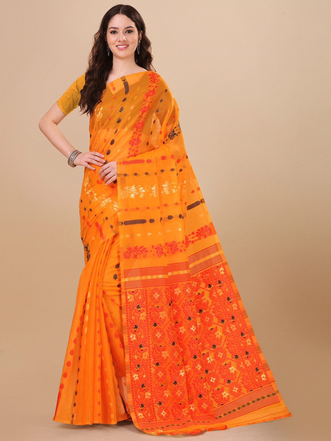 

Fashion Booms Ethnic Motif Woven Design Pure Cotton Jamdani Saree, Orange