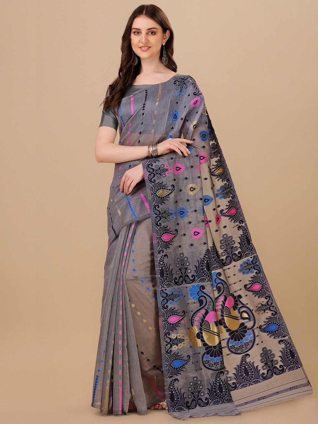 

Fashion Booms Floral Woven Design Pure Cotton Jamdani Saree, Grey
