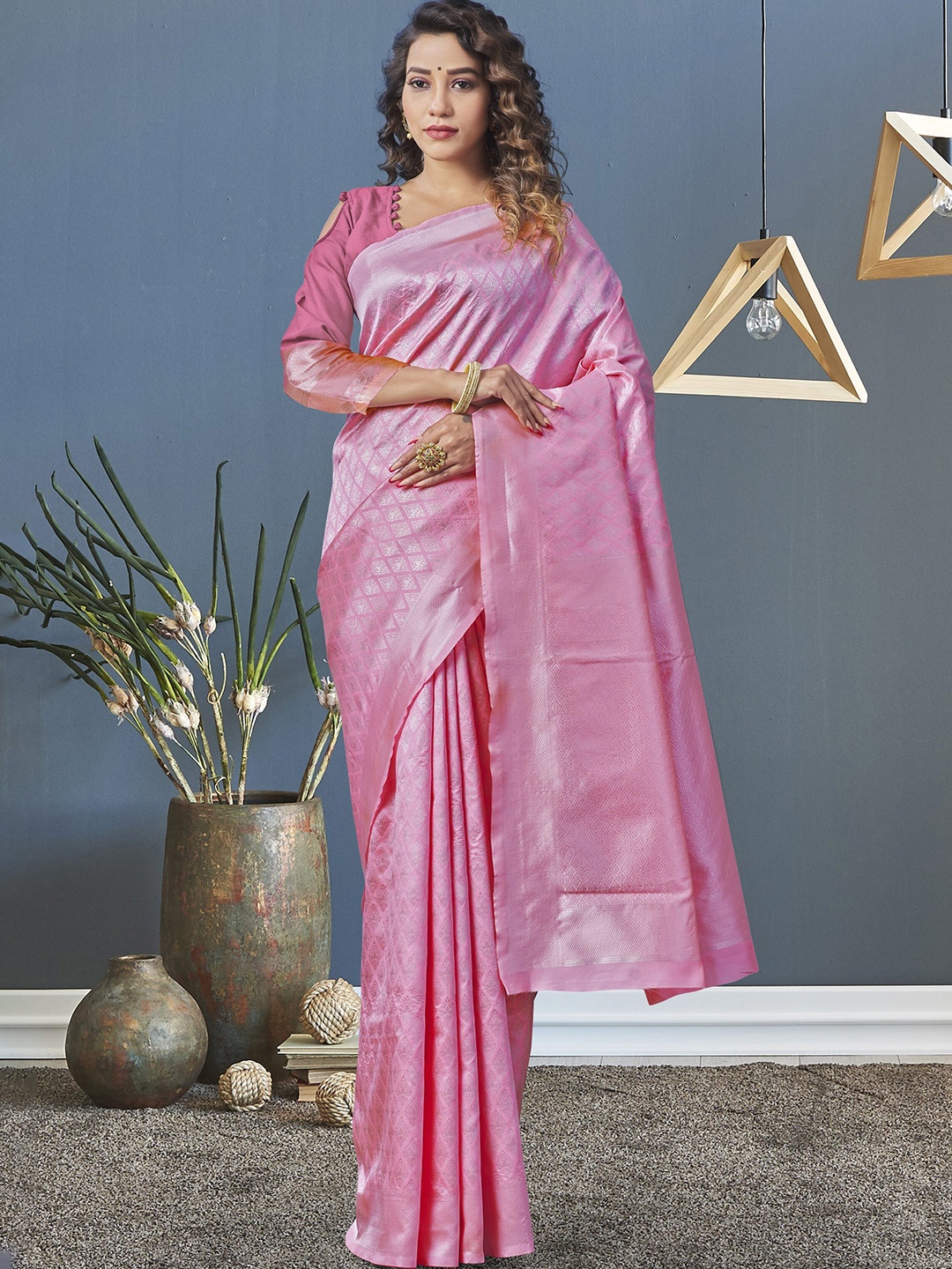 

Fashion Booms Ethnic Woven Design Zari Pure Silk Banarasi Saree, Pink