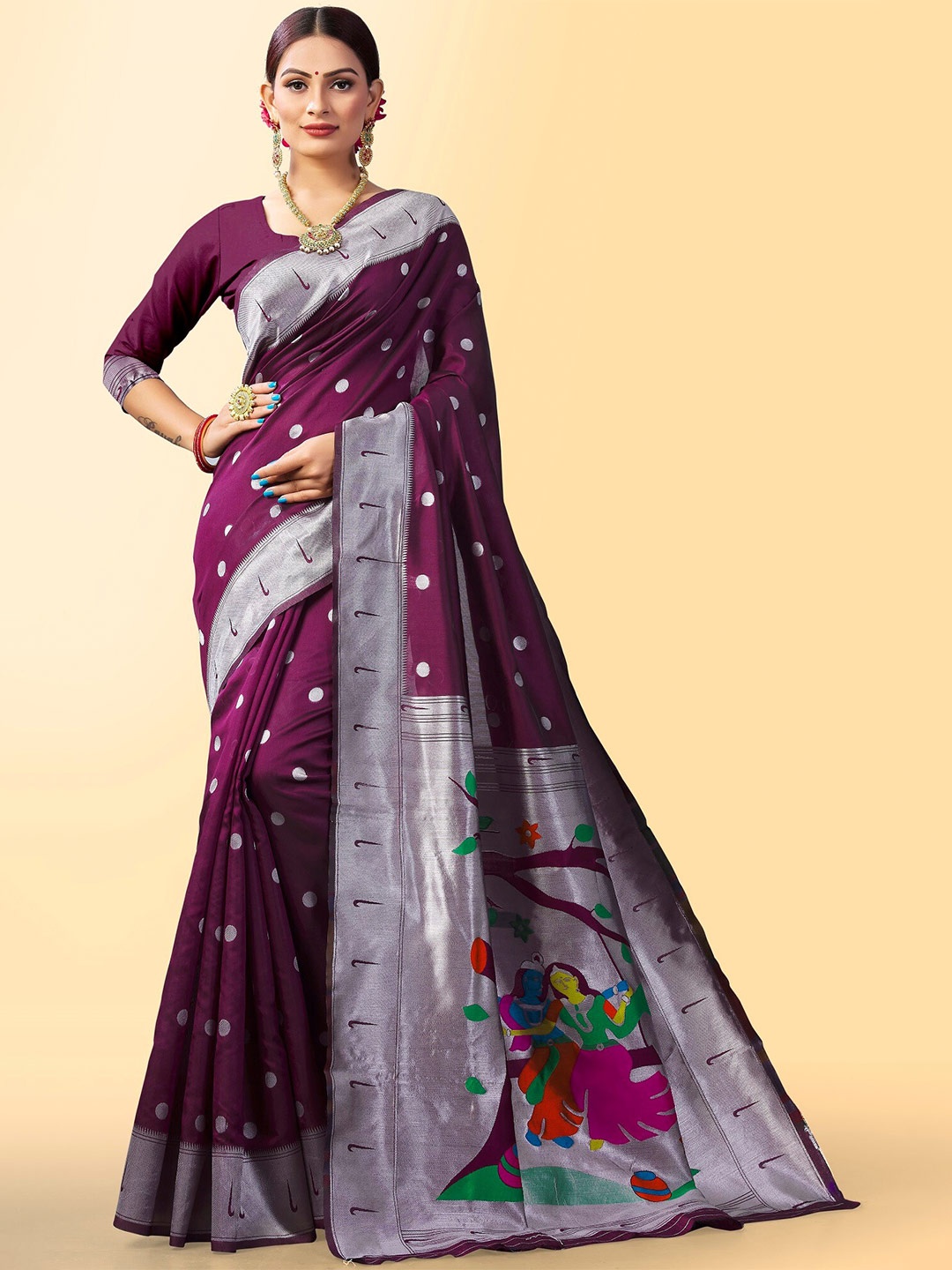 

Fashion Booms Polka Dots Woven Design Zari Pure Silk Banarasi Saree, Maroon