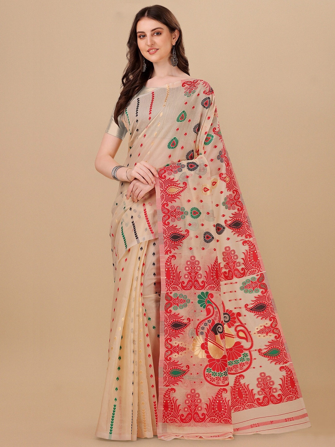 

Fashion Booms Woven Design Pure Cotton Jamdani Saree, Beige