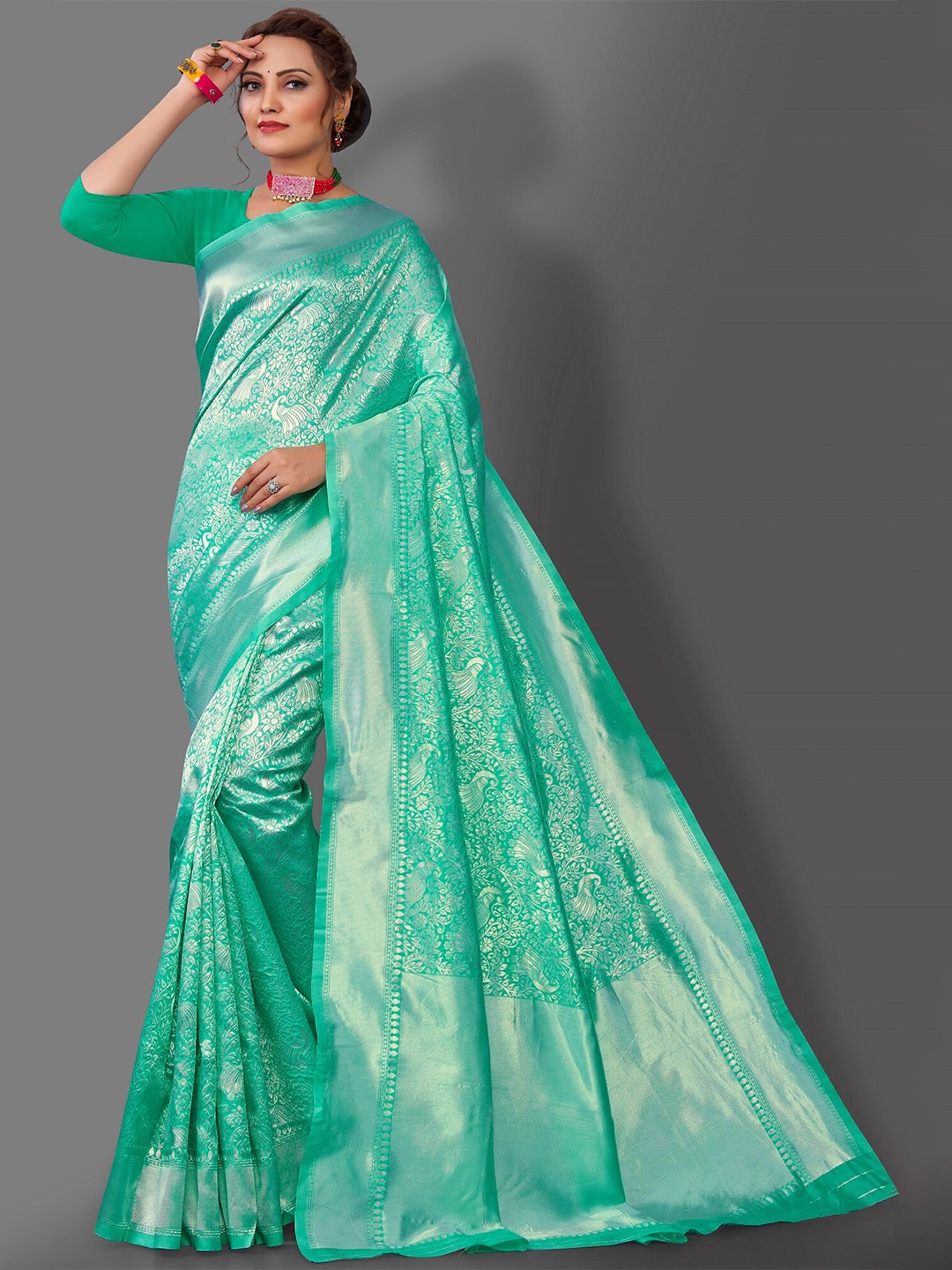 

Fashion Booms Floral Woven Design Zari Pure Silk Banarasi Saree, Sea green