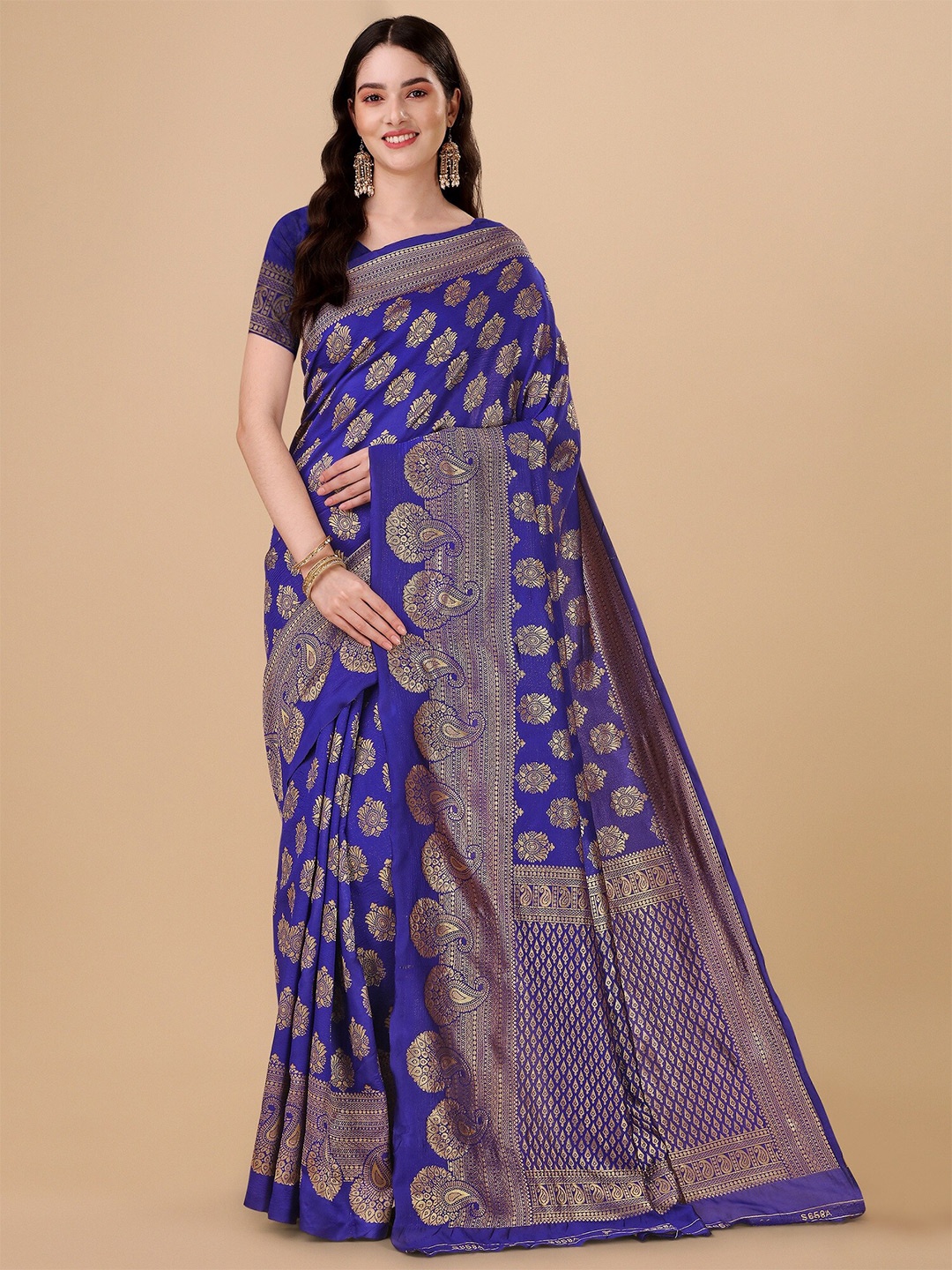 

Fashion Booms Floral Woven Design Zari Pure Silk Banarasi Saree, Blue