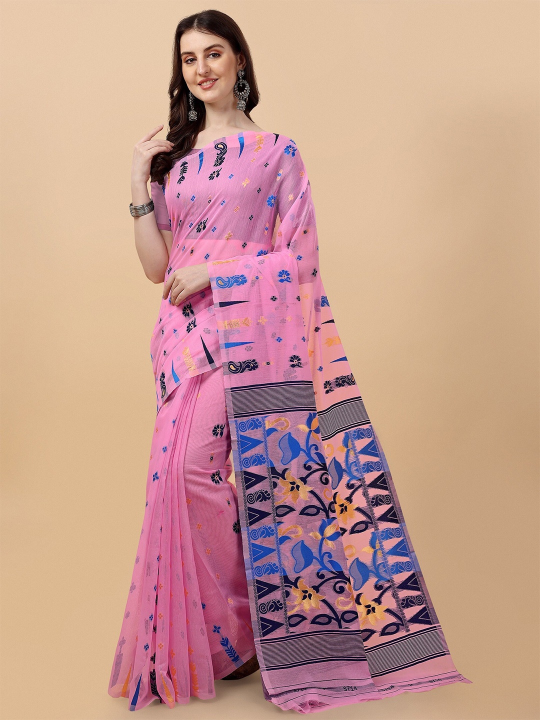 

Fashion Booms Ethnic Motif Woven Design Pure Cotton Jamdani Saree, Pink