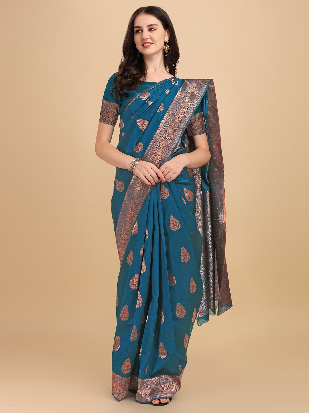 

Fashion Booms Floral Woven Design Zari Pure Silk Banarasi Saree, Copper