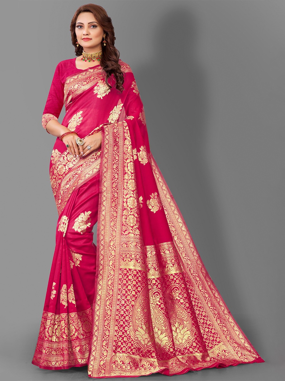 

Fashion Booms Ethnic Motifs Woven Design Zari Pure Silk Banarasi Saree, Red