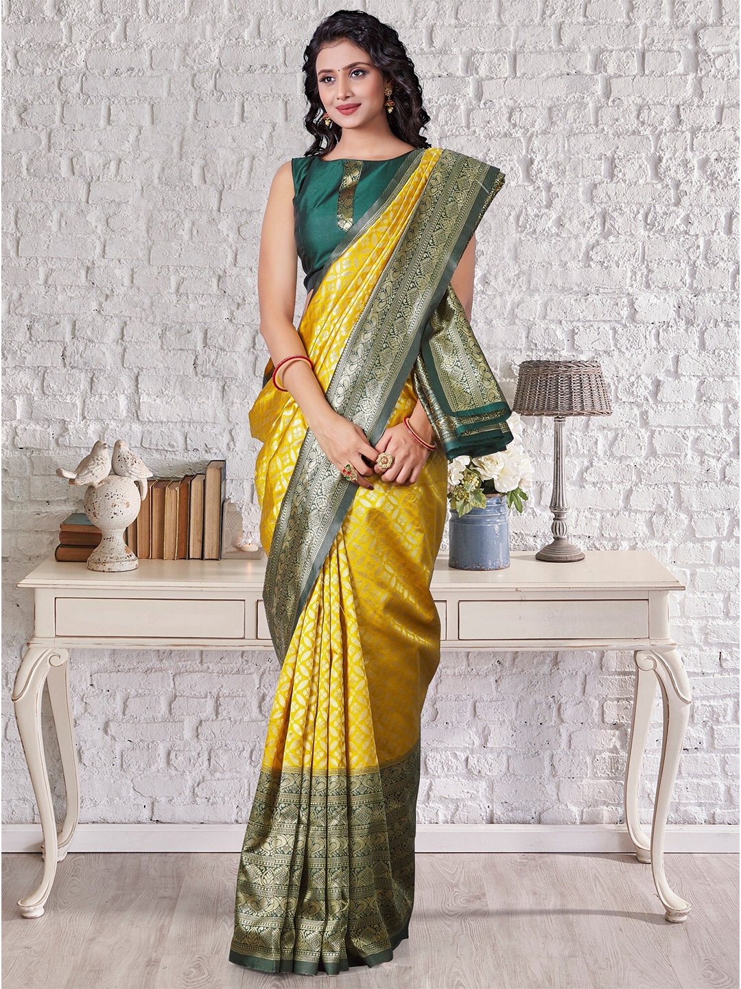 

Fashion Booms Ethnic Motif Woven Design Zari Pure Silk Banarasi Saree, Yellow
