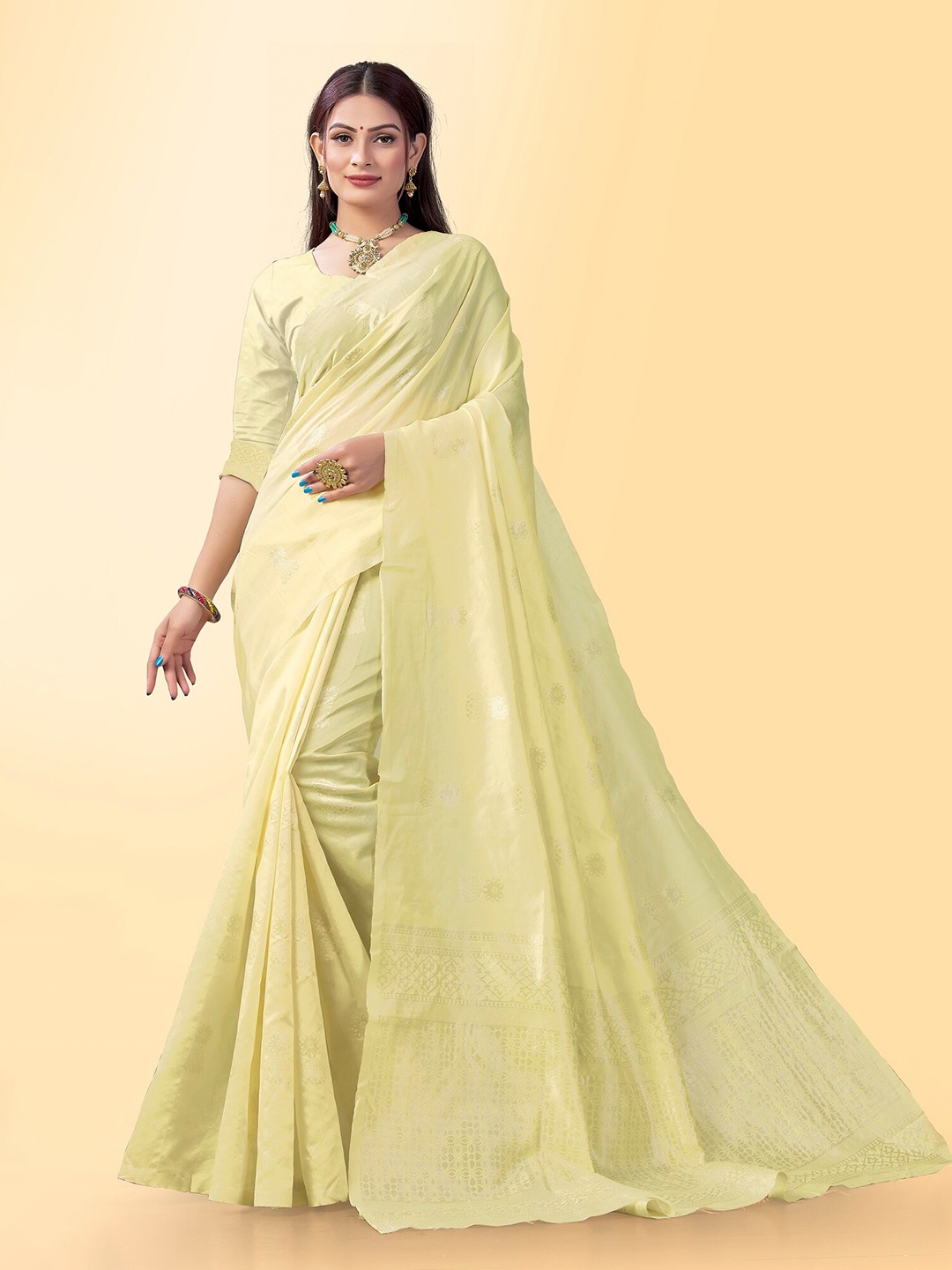 

Fashion Booms Floral Woven Design Zari Pure Silk Banarasi Saree, Yellow
