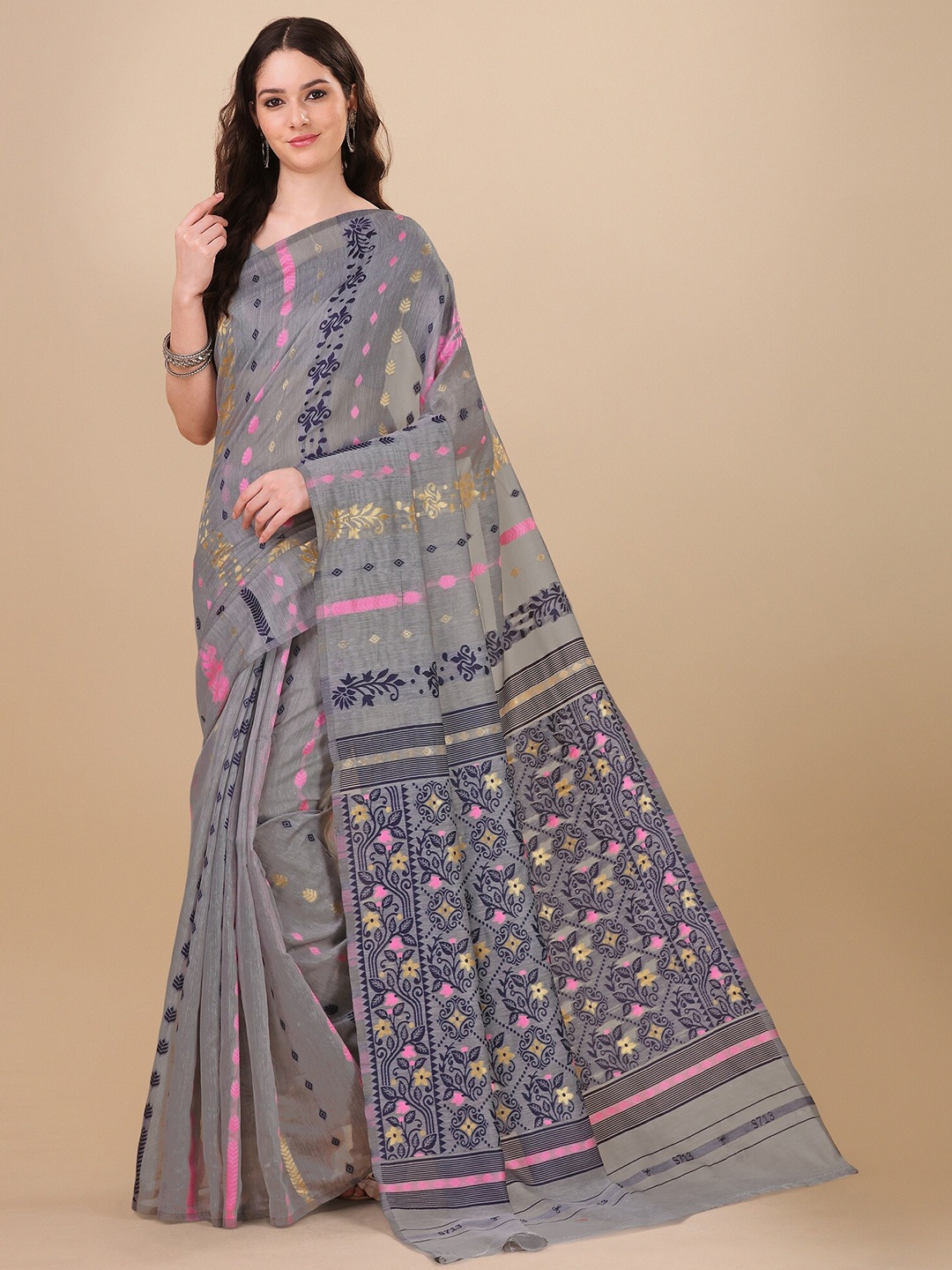 

Fashion Booms Ethnic Woven Design Zari Pure Cotton Jamdani Saree, Grey