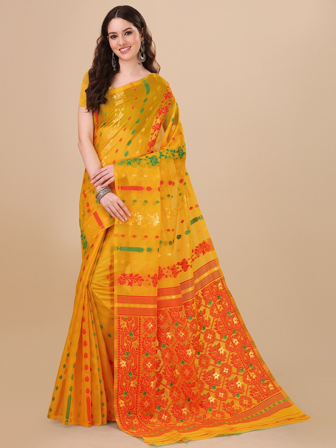 

Fashion Booms Floral Woven Design Pure Cotton Jamdani Saree, Yellow