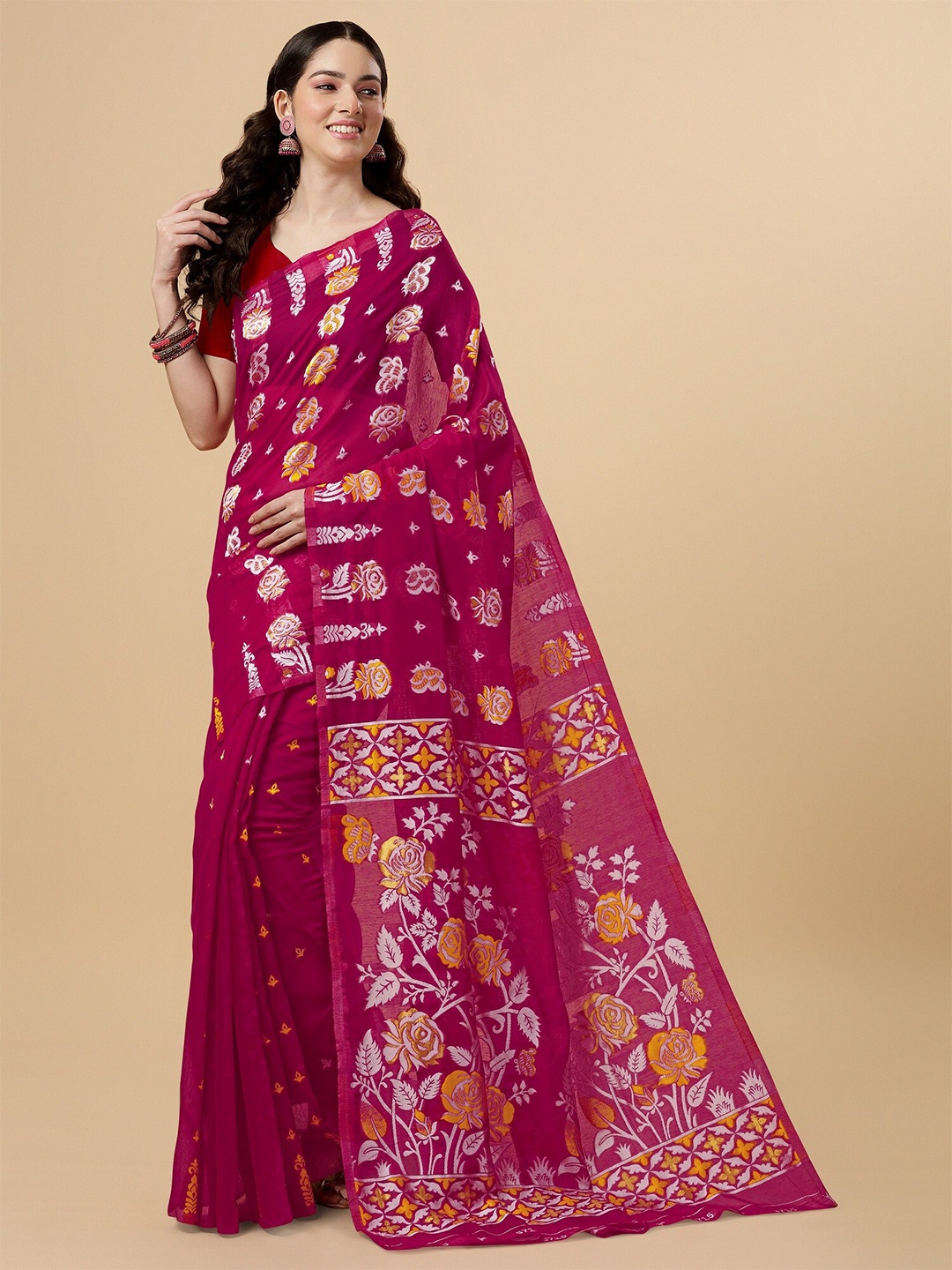 

Fashion Booms Floral Woven Design Zari Pure Cotton Jamdani Saree, Pink
