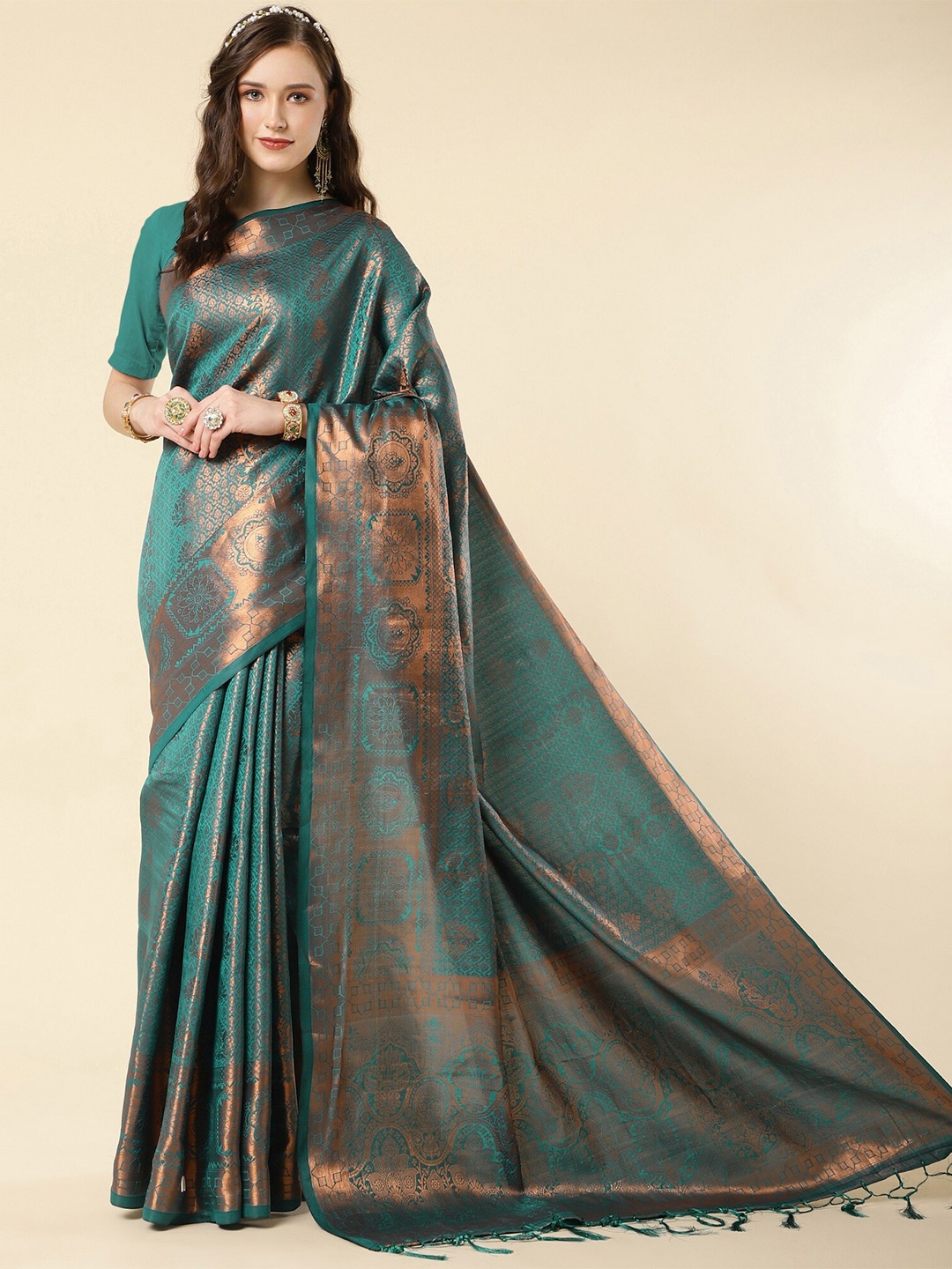 

Fashion Booms Floral Woven Design Zari Pure Silk Banarasi Saree, Blue