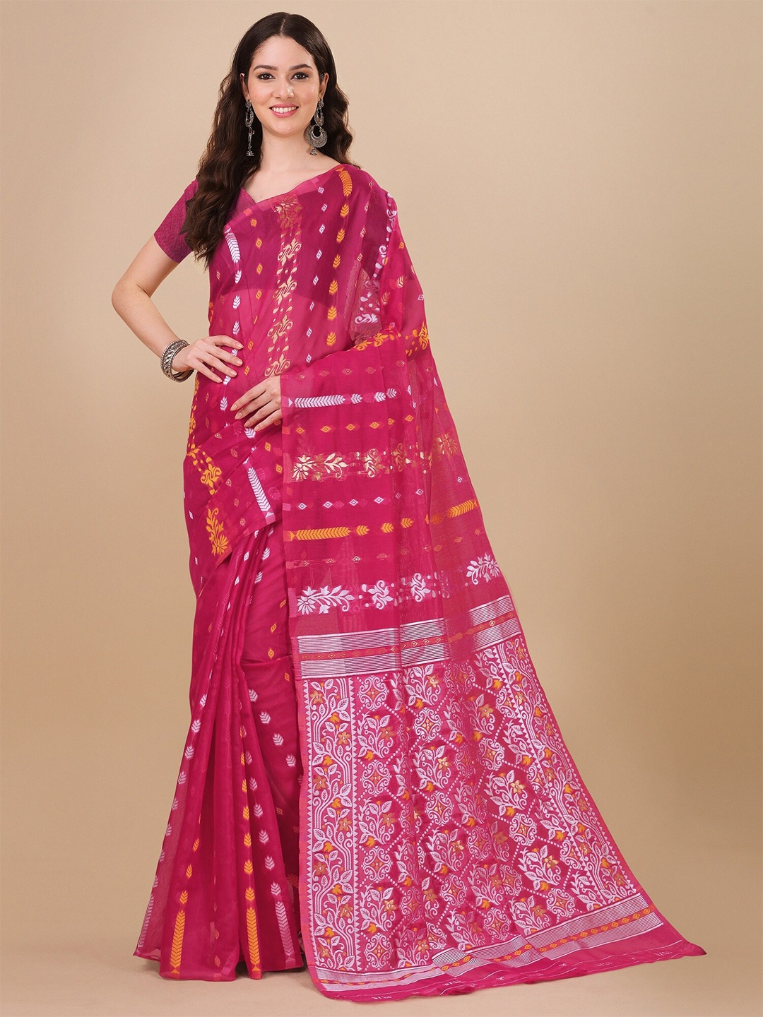 

Fashion Booms Ethnic Woven Design Zari Pure Cotton Jamdani Saree, Pink