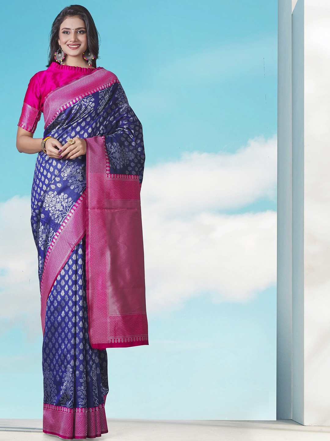 

Fashion Booms Floral Motif Woven Design Zari Pure Silk Banarasi Saree, Navy blue