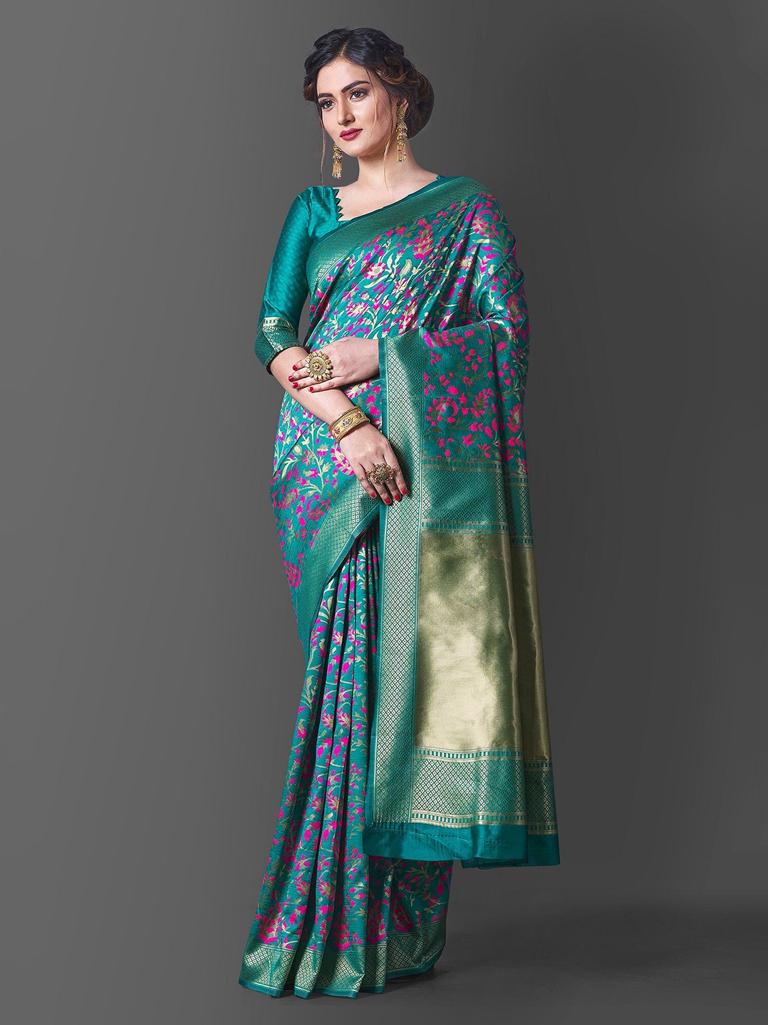

Fashion Booms Floral Woven Design Zari Pure Silk Banarasi Saree, Blue