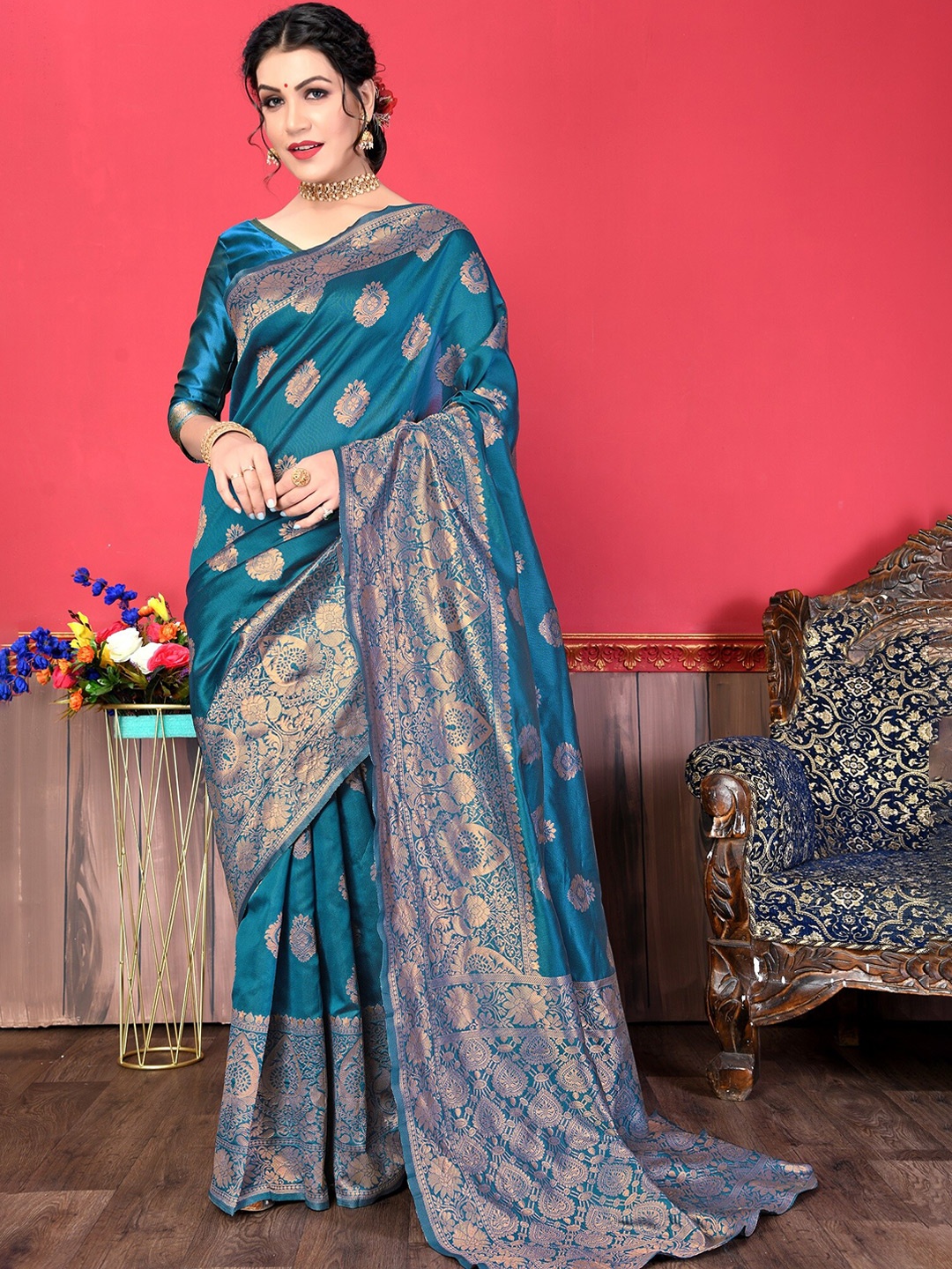 

Fashion Booms Ethnc Motif Woven Design Zari Pure Silk Banarasi Saree, Blue