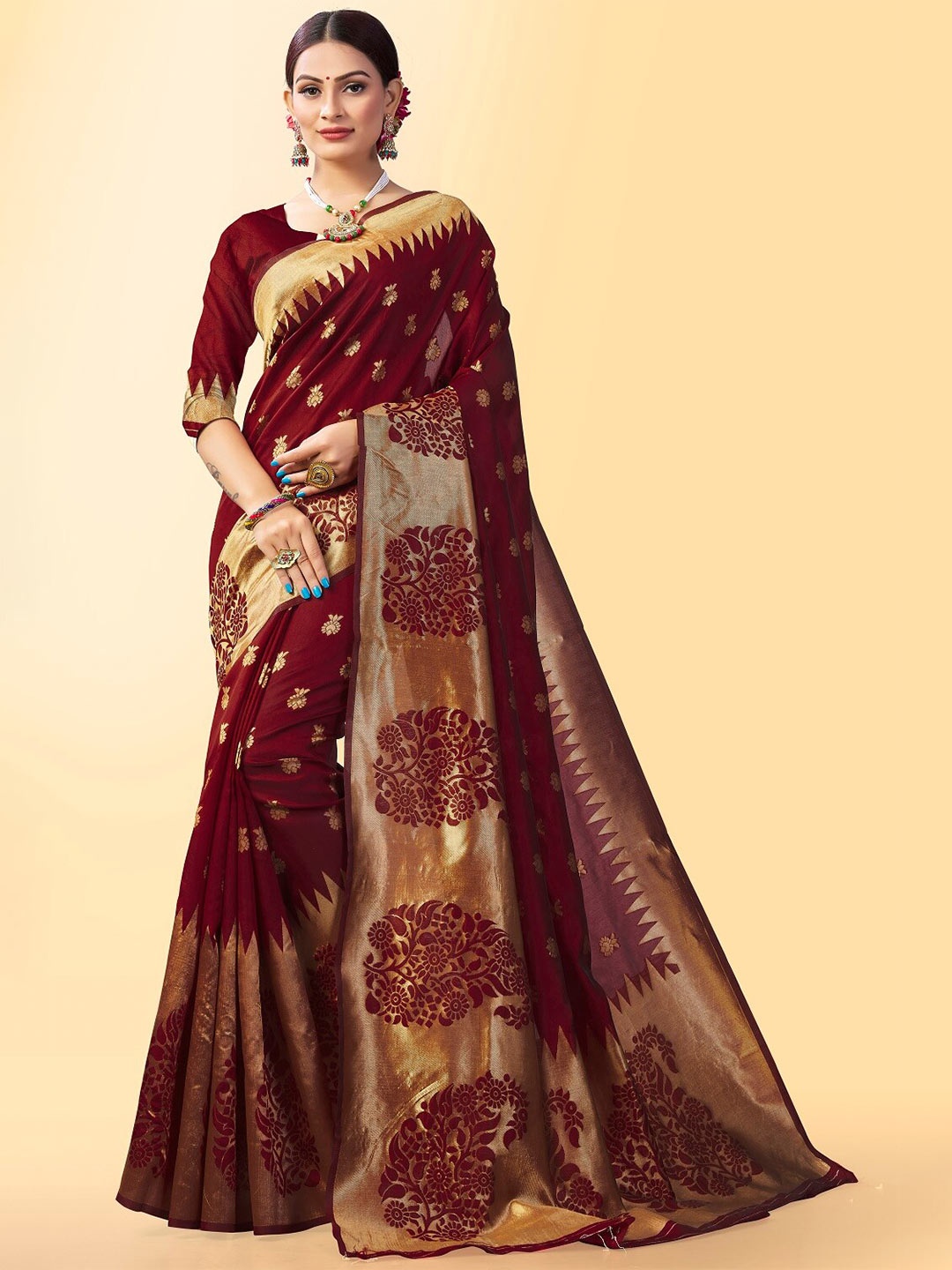 

Fashion Booms Ethnic motif Woven Design Zari Pure Silk Banarasi Saree, Maroon