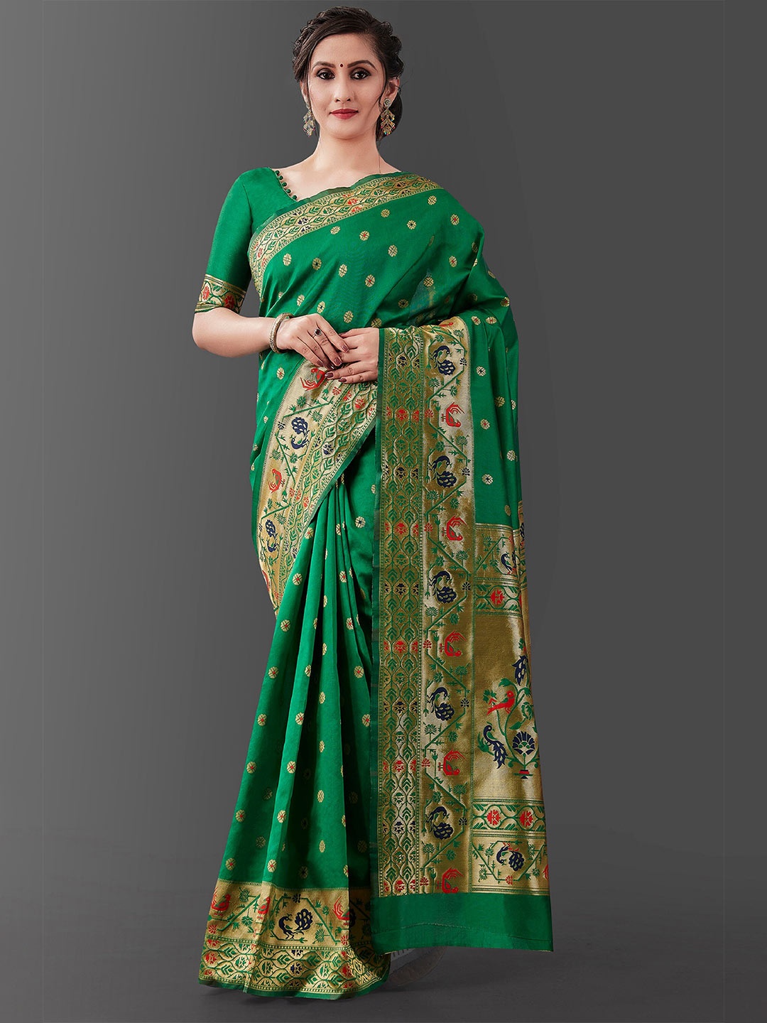 

Fashion Booms Floral Woven Design Zari Pure Silk Banarasi Saree, Green