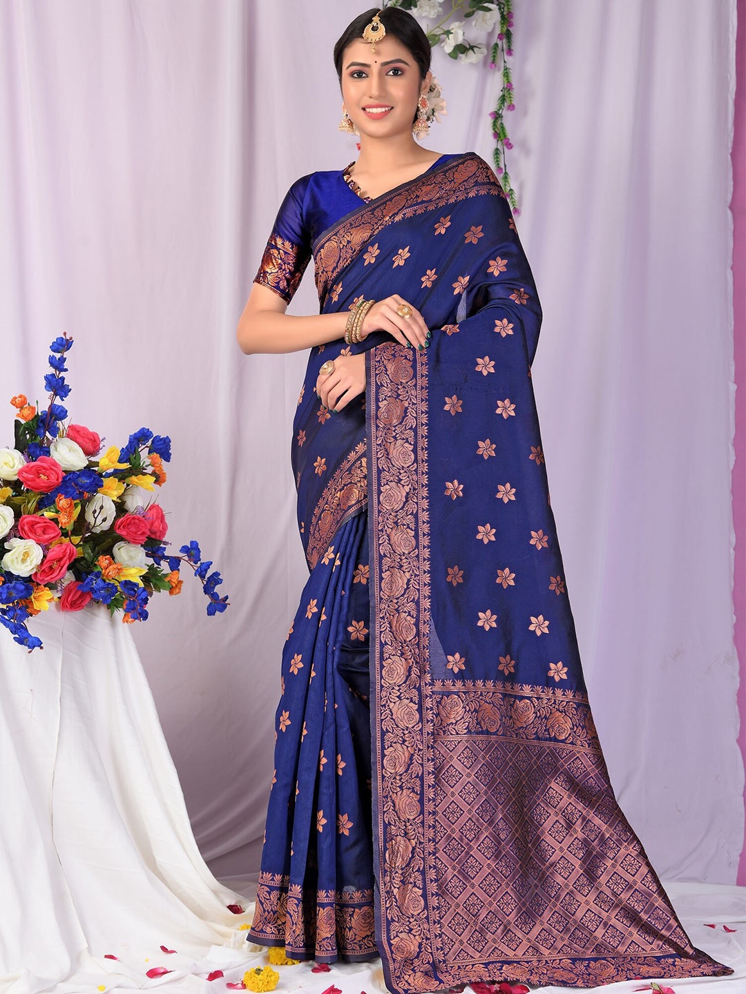 

Fashion Booms Floral Woven Design Zari Pure Silk Banarasi Saree, Navy blue