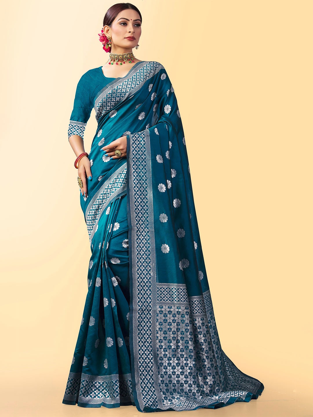 

Fashion Booms Floral Woven Design Zari Pure Silk Banarasi Saree, Blue