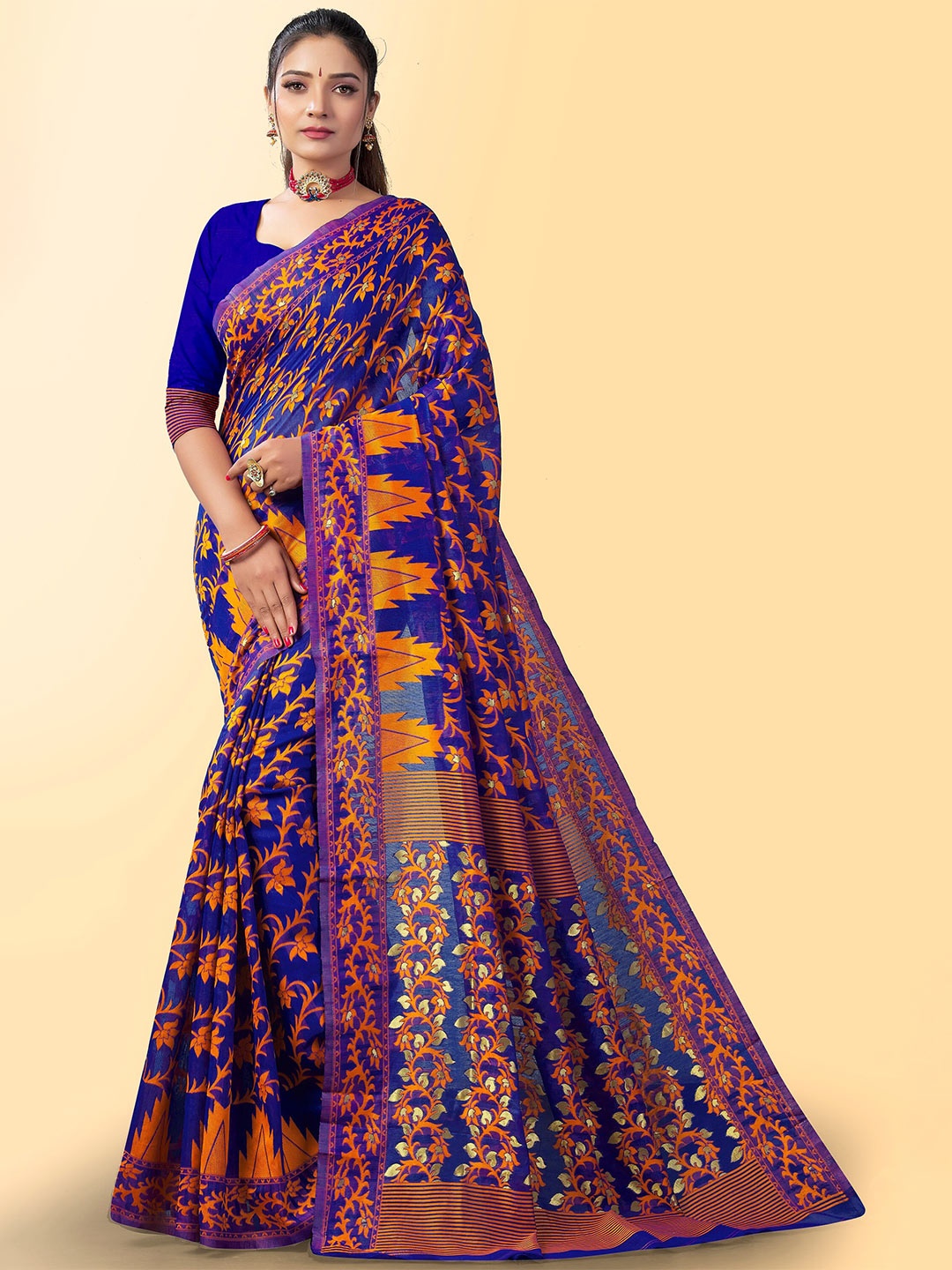 

Fashion Booms Floral Woven Design Pure Cotton Jamdani Saree, Blue