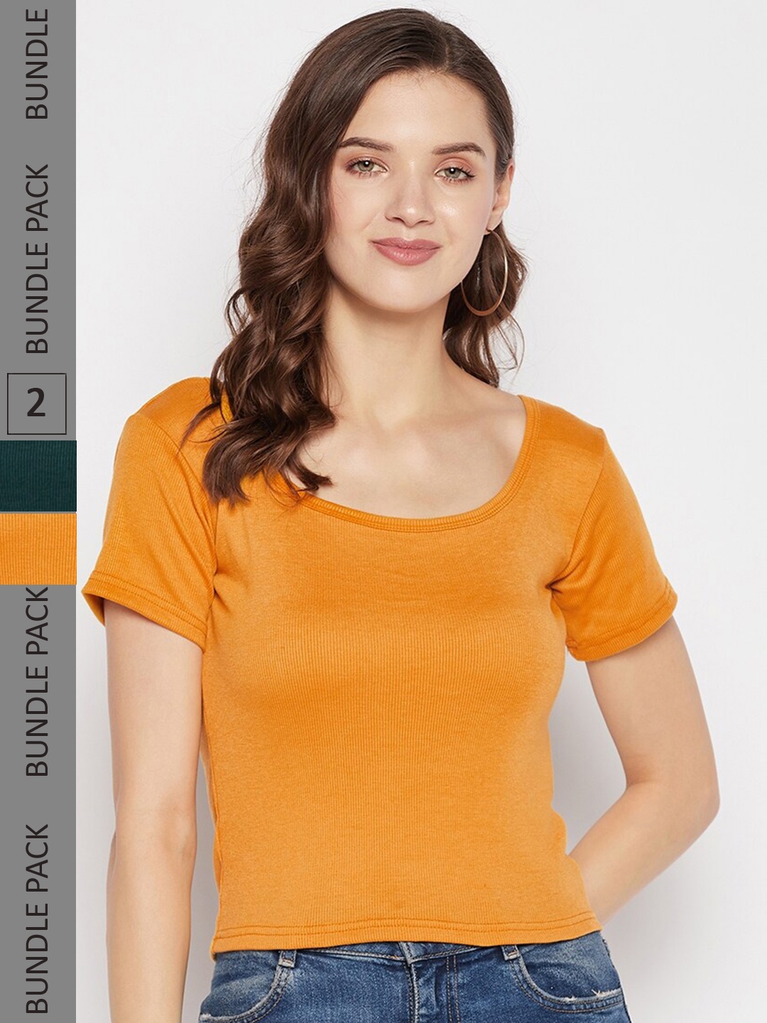 

Clora Creation Pack of 2 Scoop Neck Cotton Fitted Crop Top, Mustard