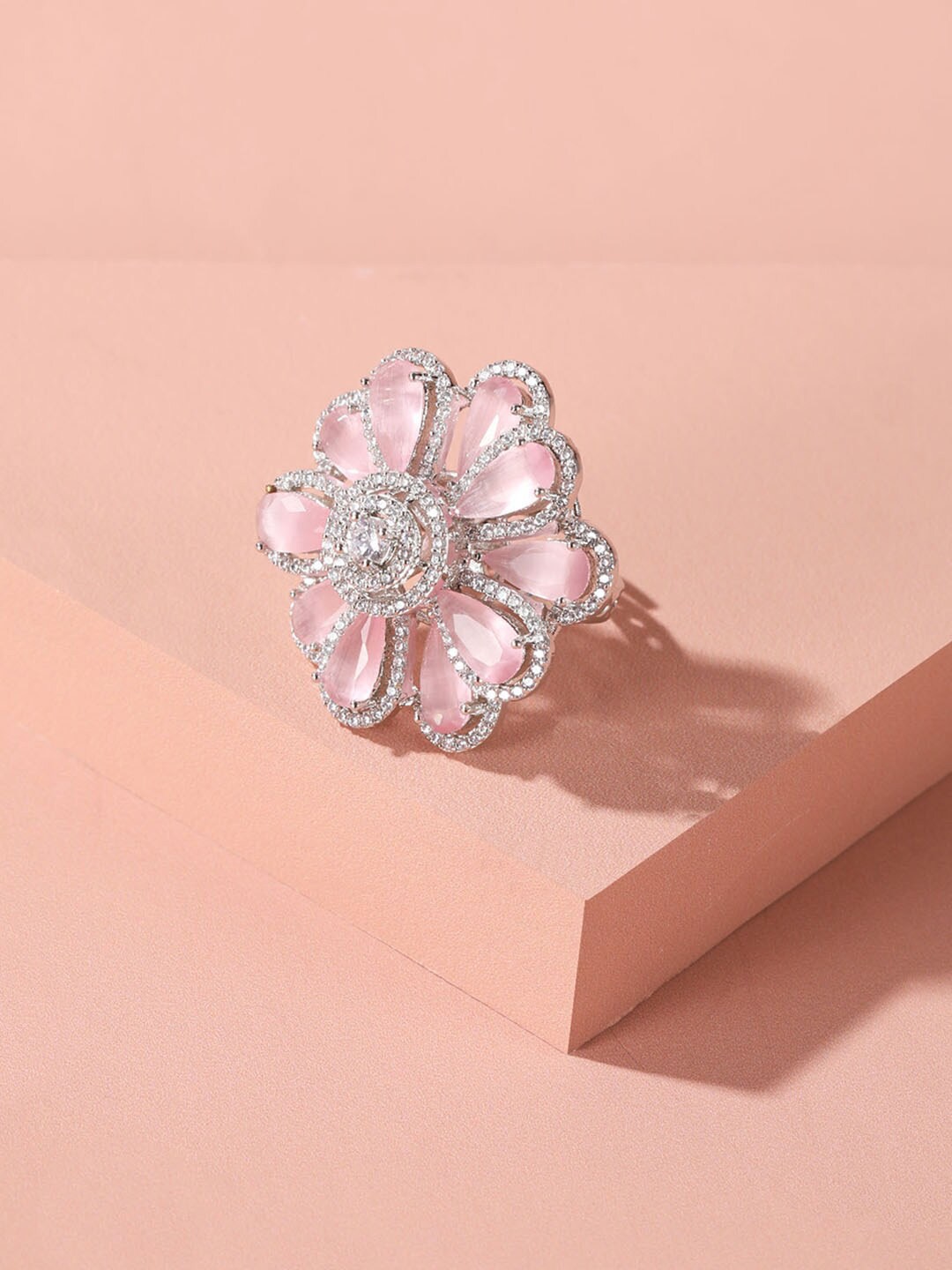 

XPNSV Silver-Plated CZ-Studded Adjustable Finger Ring