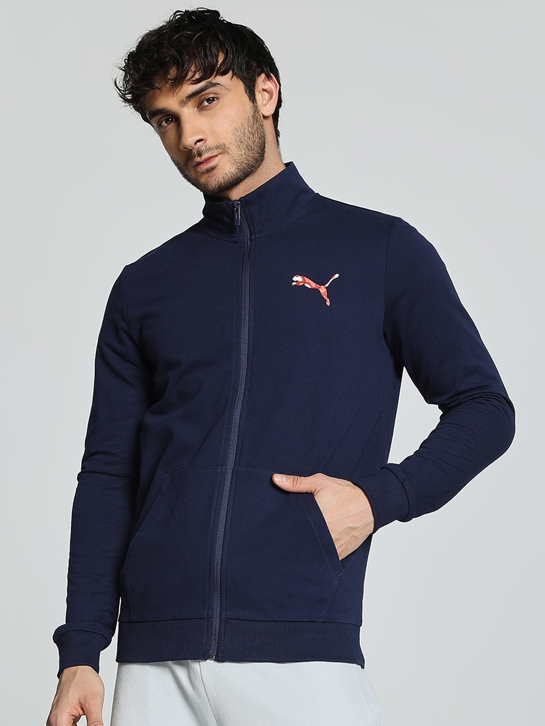 

Puma Men Stylized Cat Graphic Cotton Slim Fit Sporty Jacket, Navy blue