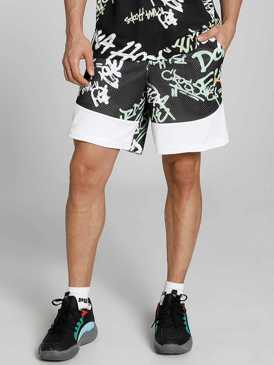 Puma Men Jamboree AOP Printed Regular Fit Sports Shorts, Black