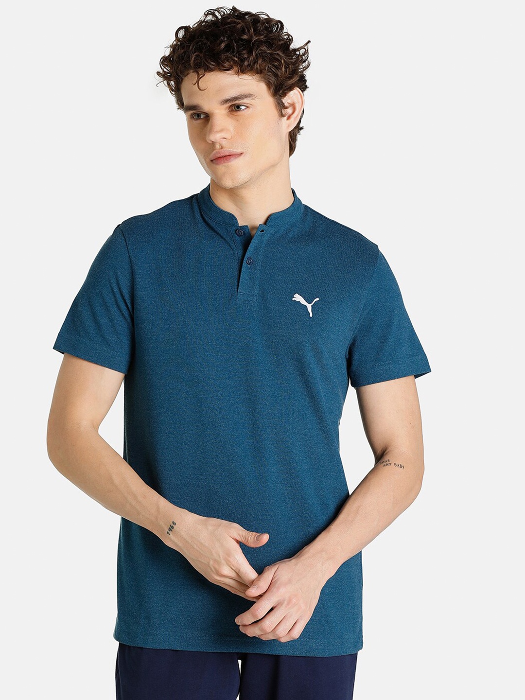 

Puma CR Logo-Printed Band Collar Cotton Polo T-Shirt, Blue