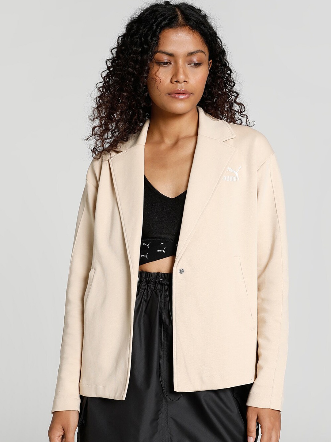 

Puma T7 Logo Embroidered Cotton Single-Breasted Blazer, Beige